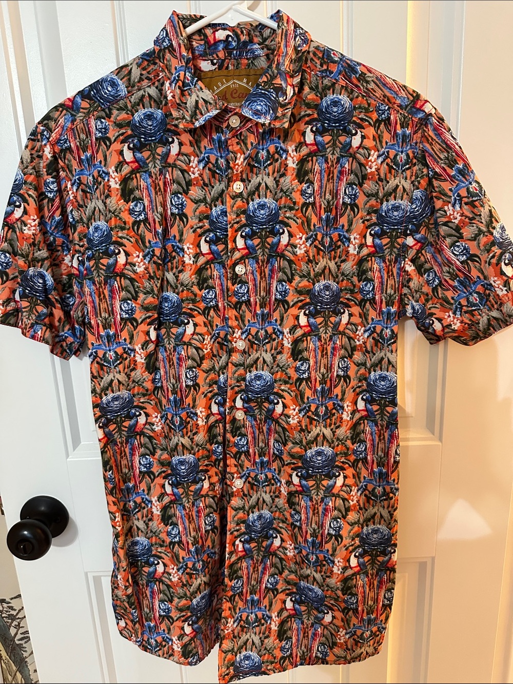 Casual Red Camel Orange Button-Down with Blue Floral Print